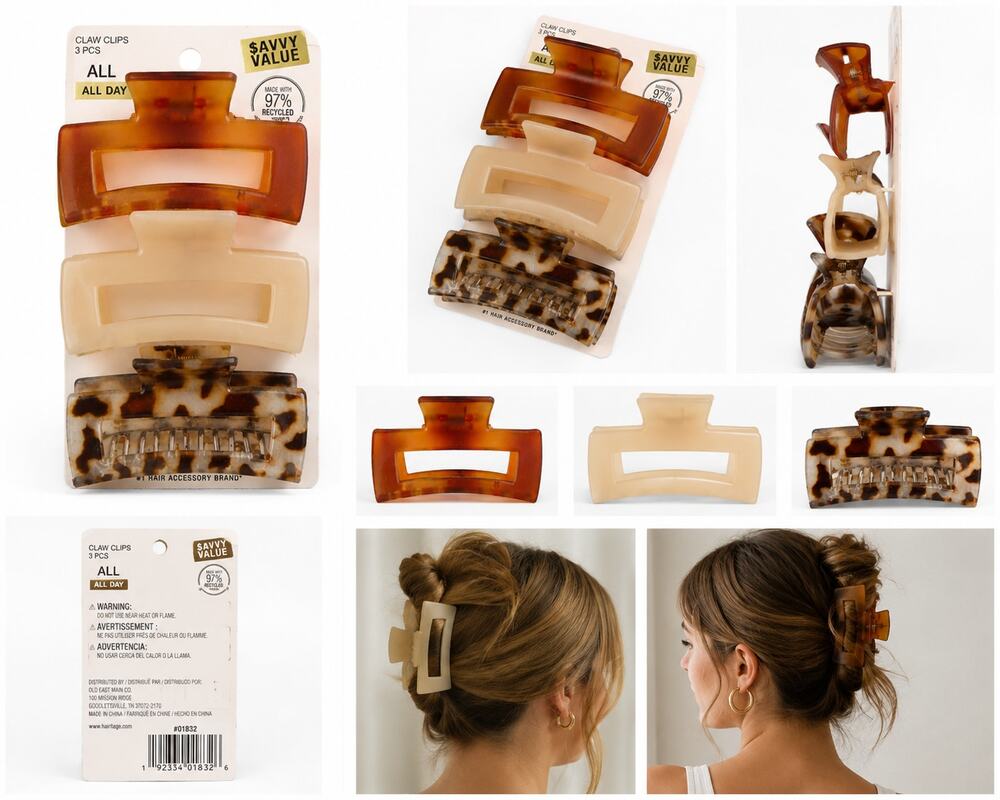 Savvy Value 3-Piece Claw Hair Clip Set – Neutral Tortoise Colors